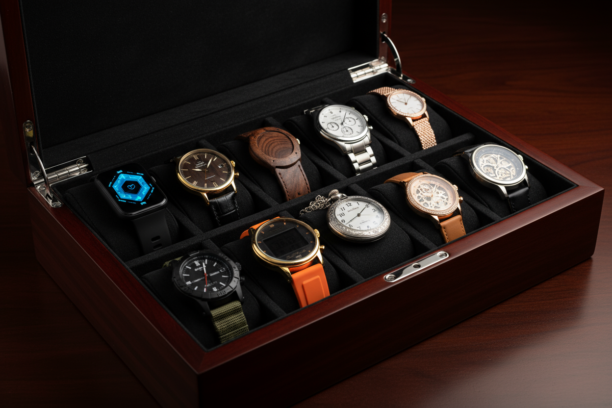 Luxury men's watch collection displayed in wooden organizer case featuring smartwatches, dress watches with leather straps, and chronograph timepieces in gold, silver and black finishes