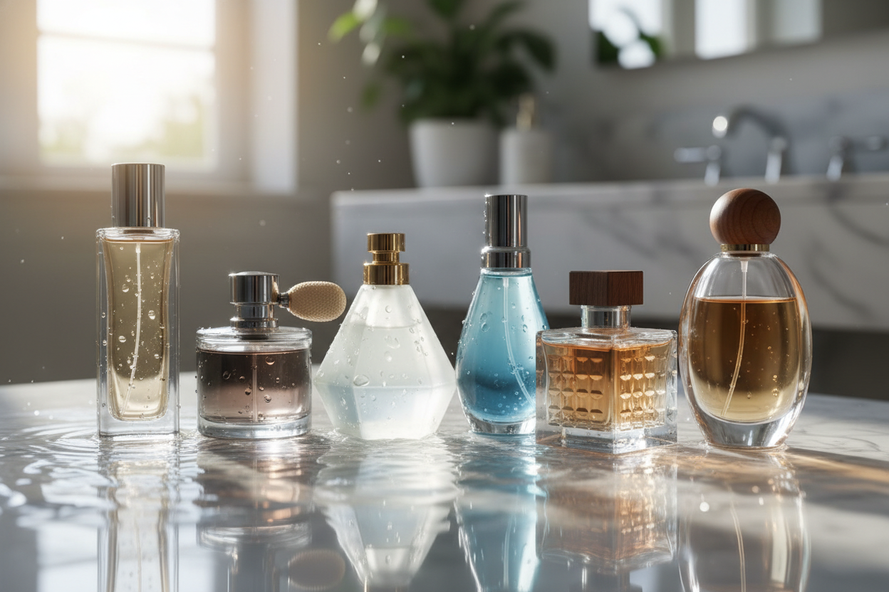 Six perfume bottles of various shapes and colors displayed on a reflective surface in a bright, modern bathroom with natural lighting.
