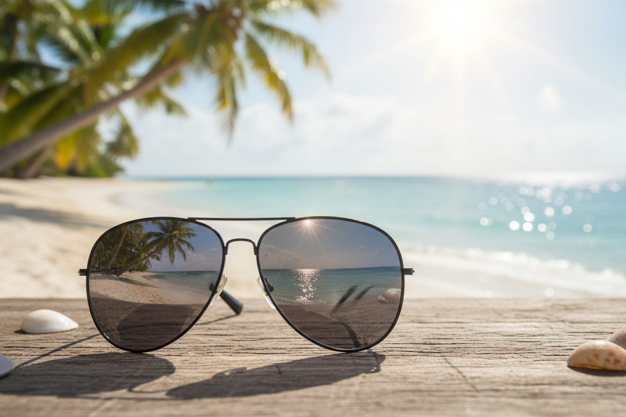 Black aviator sunglasses with mirrored lenses on wooden beach deck reflecting tropical ocean scene, showcasing UV protection and stylish summer eyewear