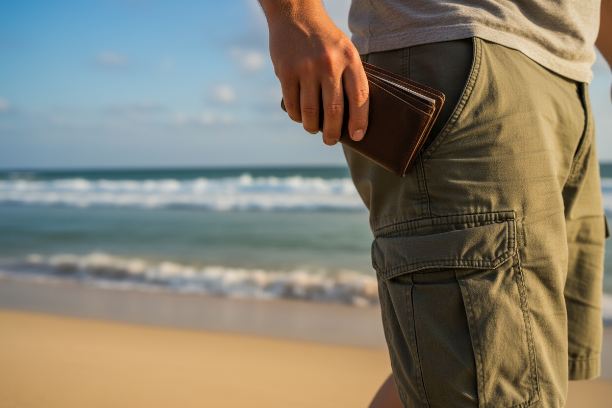 Man placing slim leather wallet in cargo pants pocket at beach, showcasing compact design and everyday carry functionality for active lifestyle