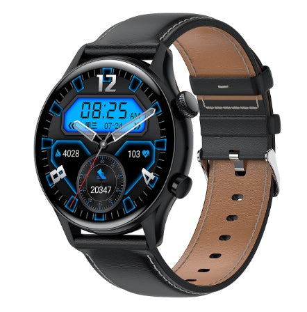 MX52 Smart Watch with round dial and black leather band