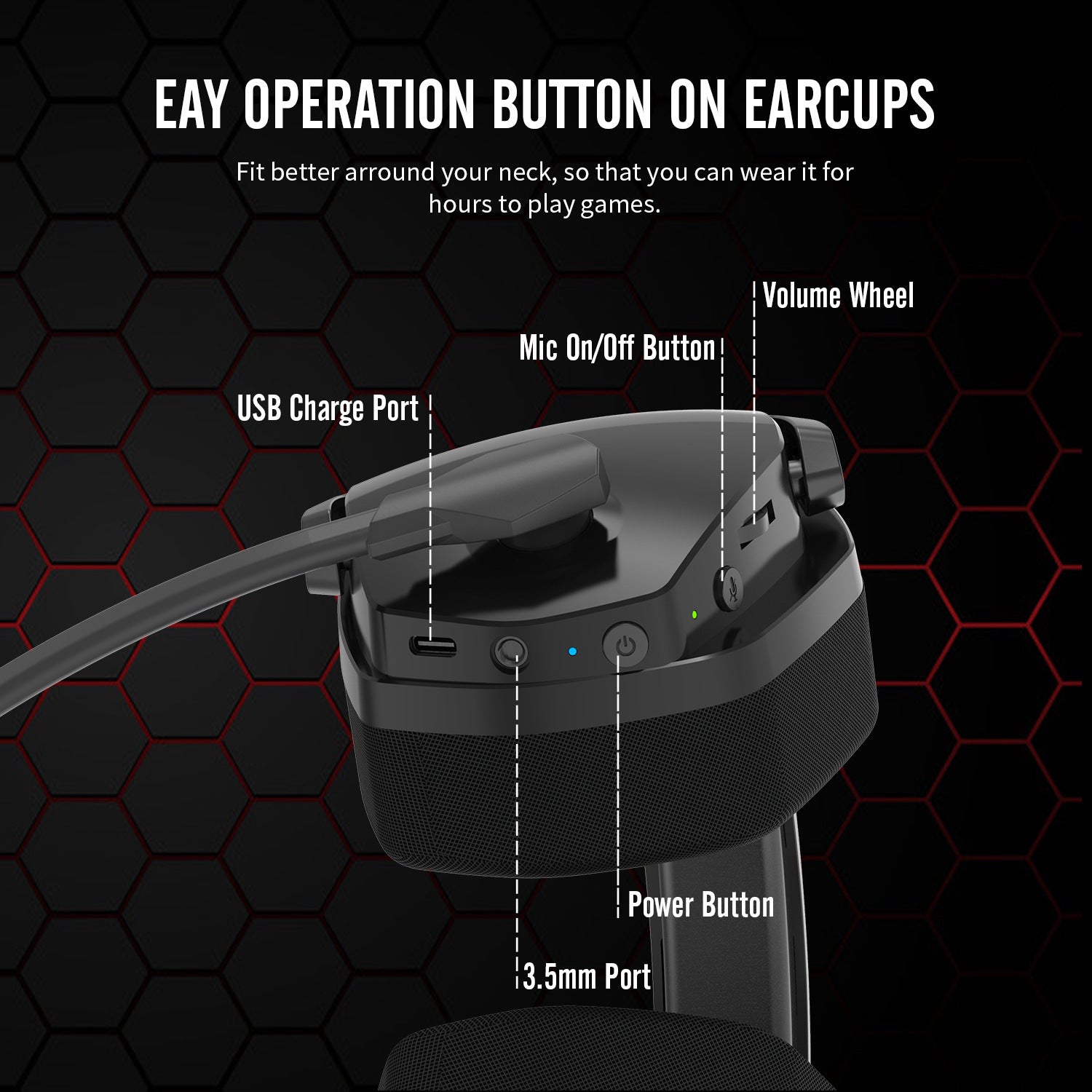 Side view of the JQ692 Wireless Gaming Headset showing charging port, mute button, and 3.5 mm port
