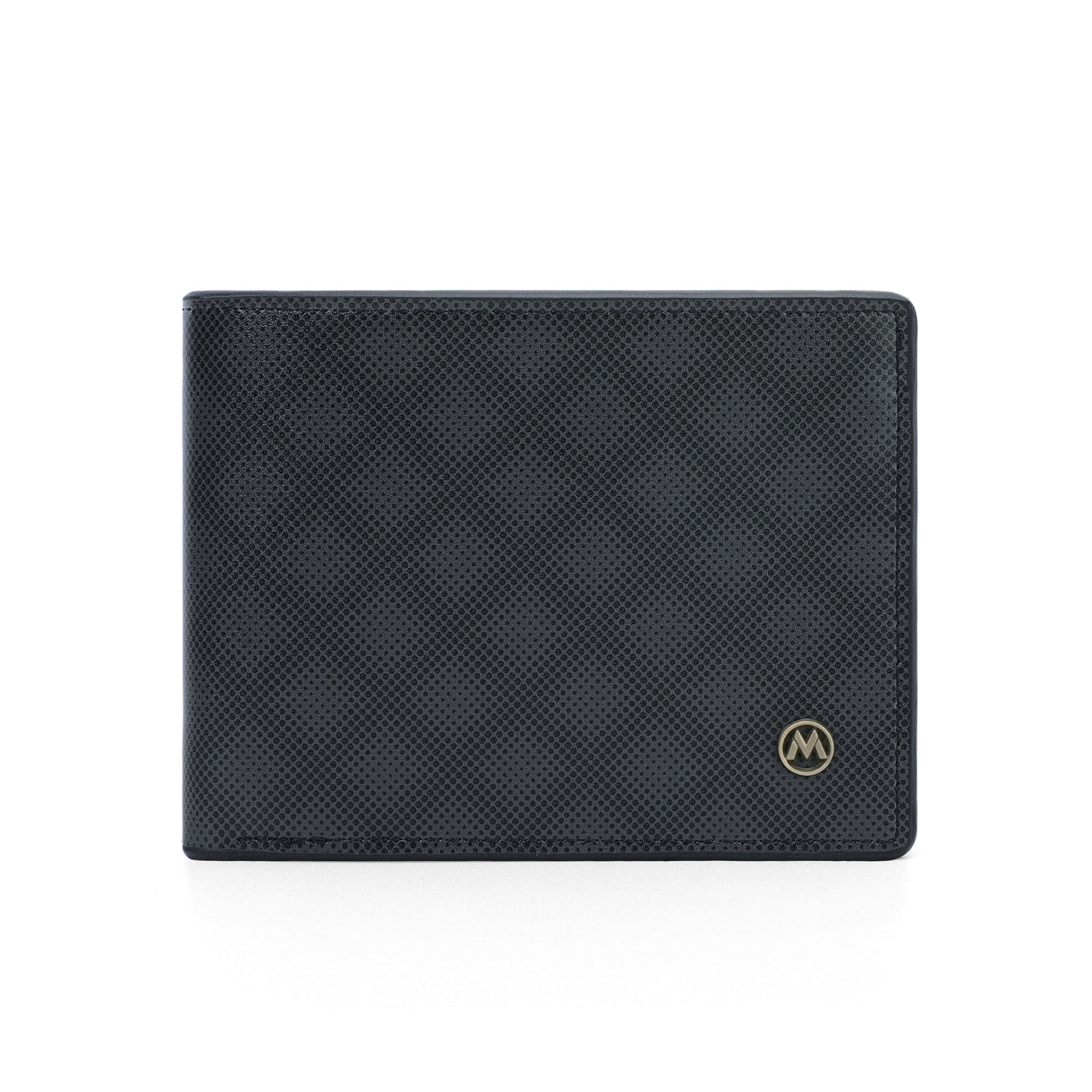Black wallet with a brand logo on a white background
