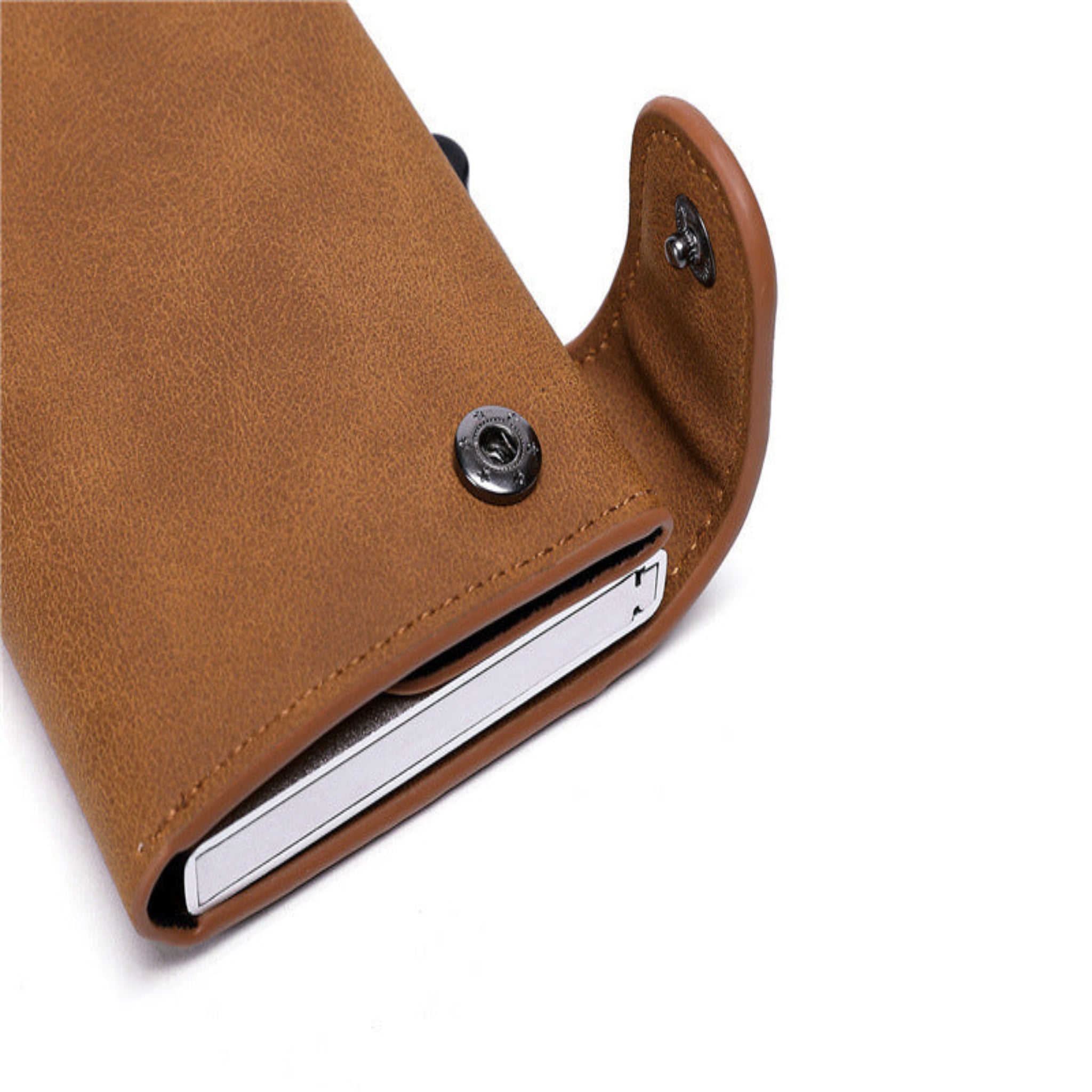 Brown leather case with a white interior on a white background