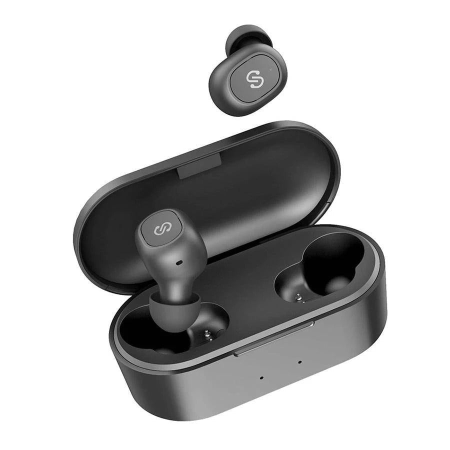 black wireless earbuds out of the case showing full earbud