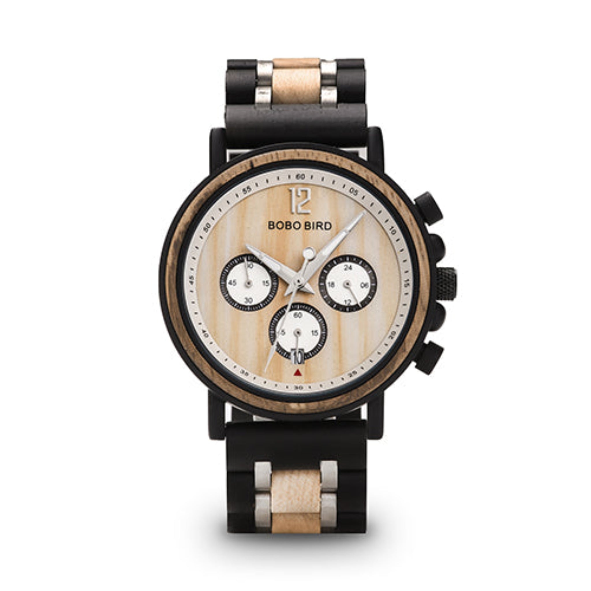 Wooden watch with black and rose gold accents on a white background
