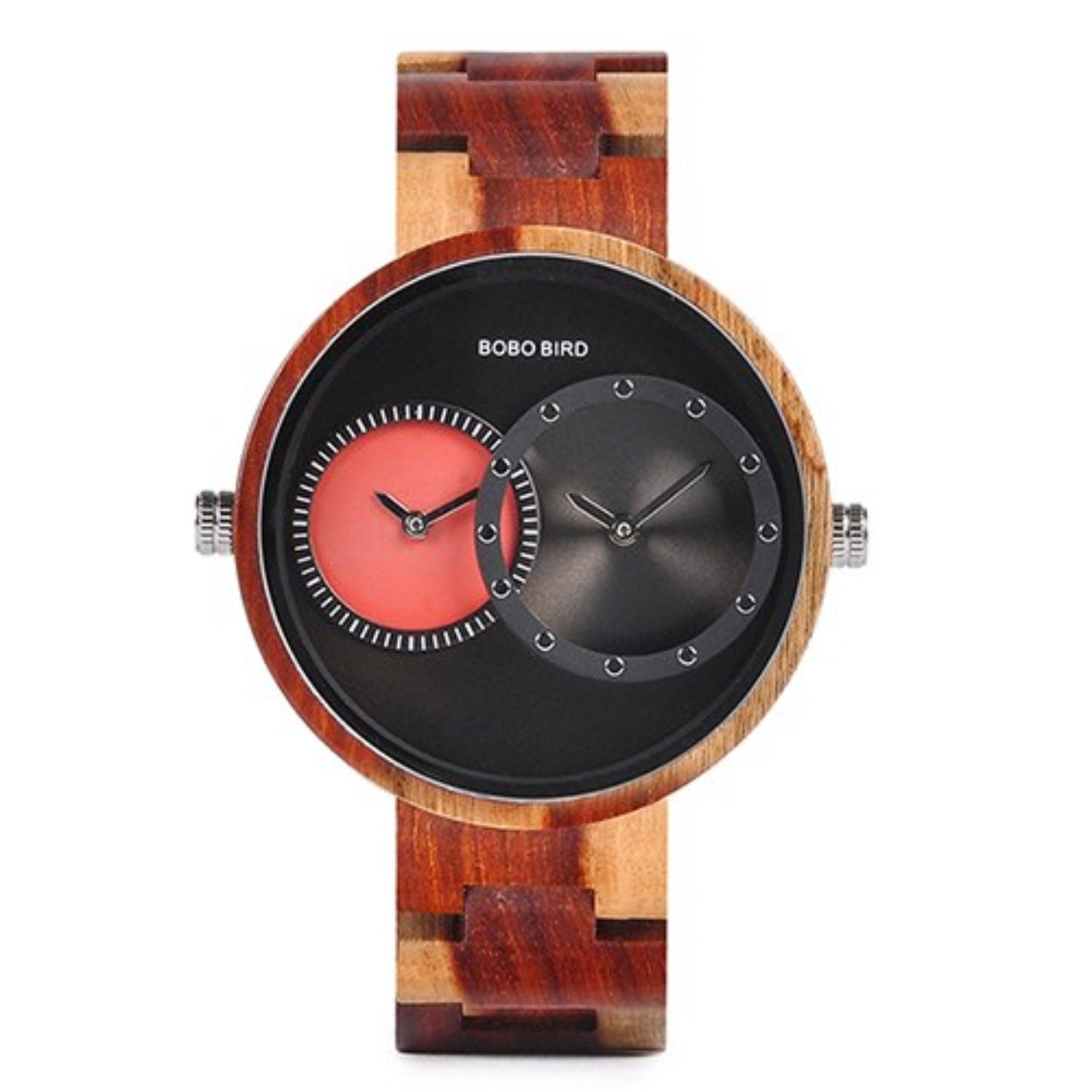 Wooden watch with a unique design on a white background