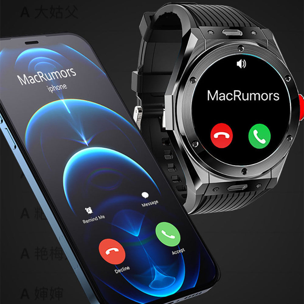 UR41 smart watch sitting next to Iphone showing incoming call screen on both the phone and the watch