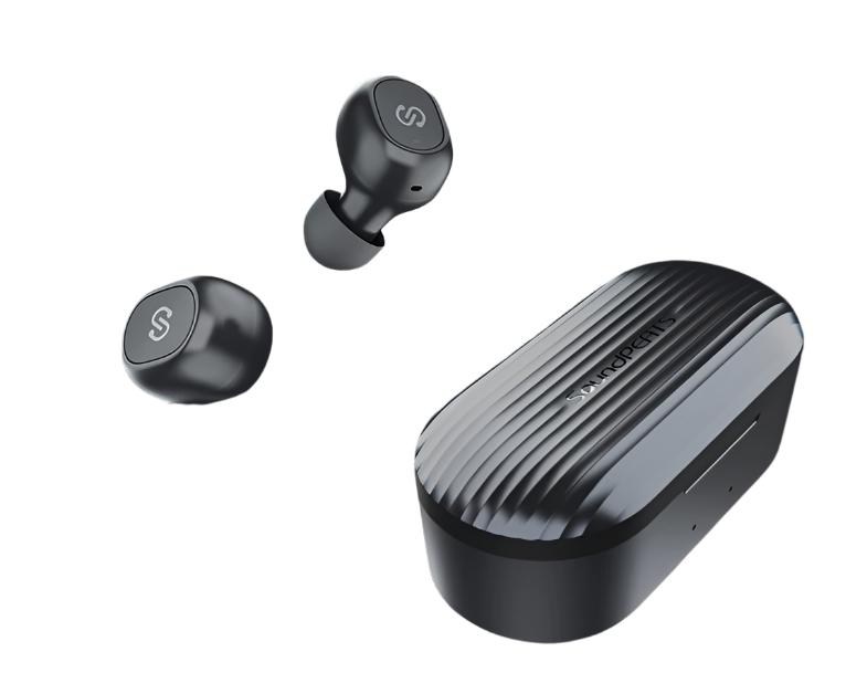 black wireless earbuds both outside the case, showing closed charging case