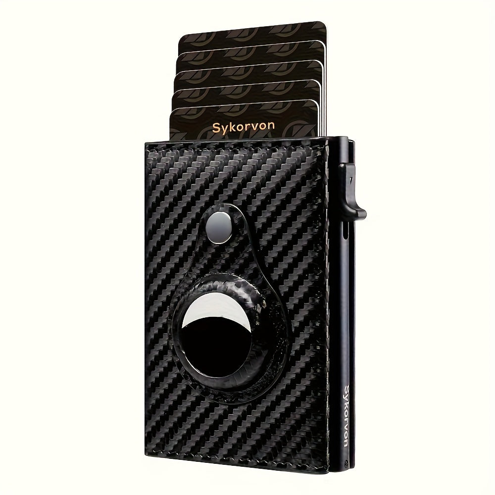 Black carbon fiber wallet with card holder and Sykorvon branding on a white background