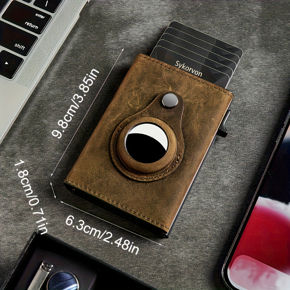 Brown wallet with card slots on a gray surface, showing dimensions and brand name.