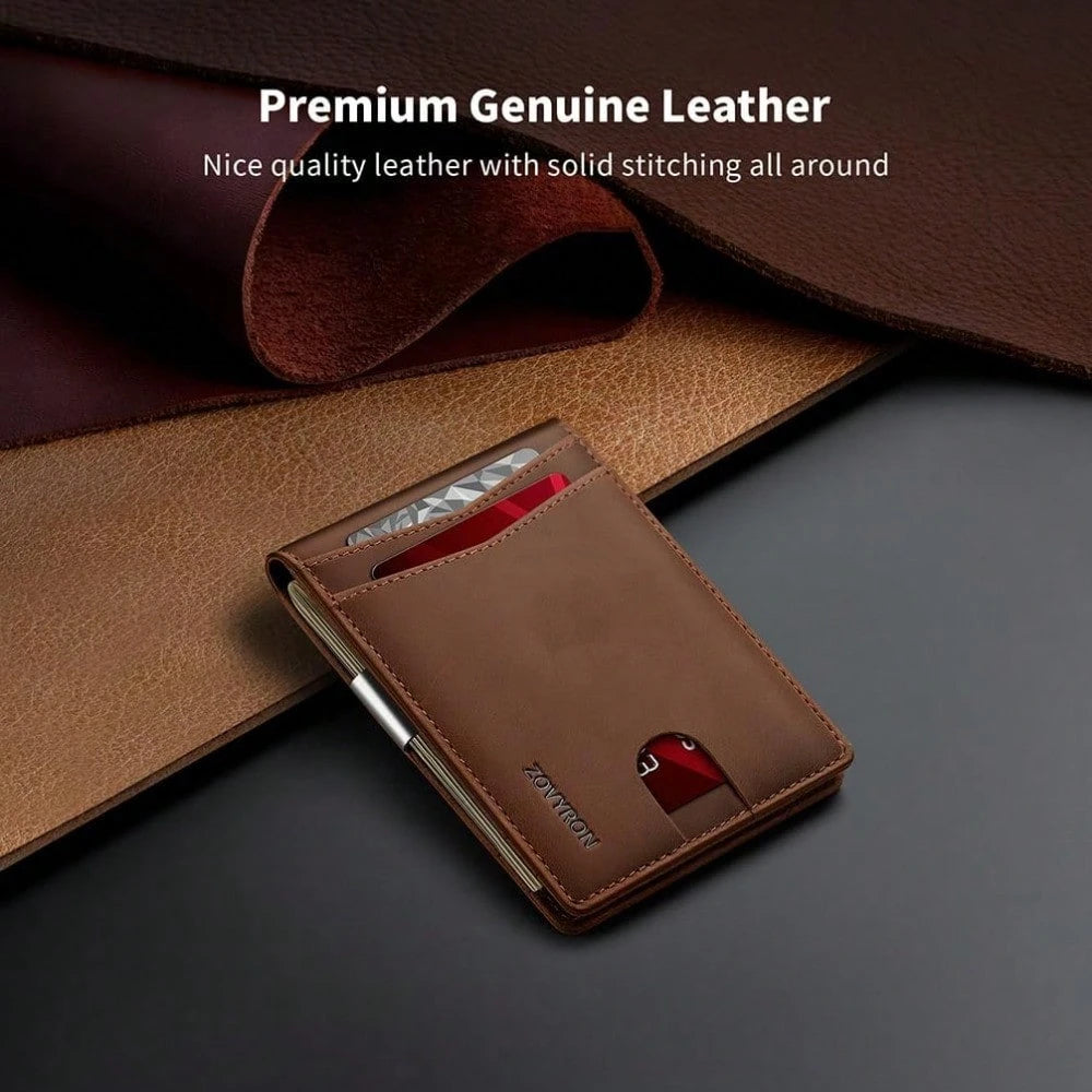 Brown leather wallet with solid stitching on a dark surface, with text highlighting premium quality.