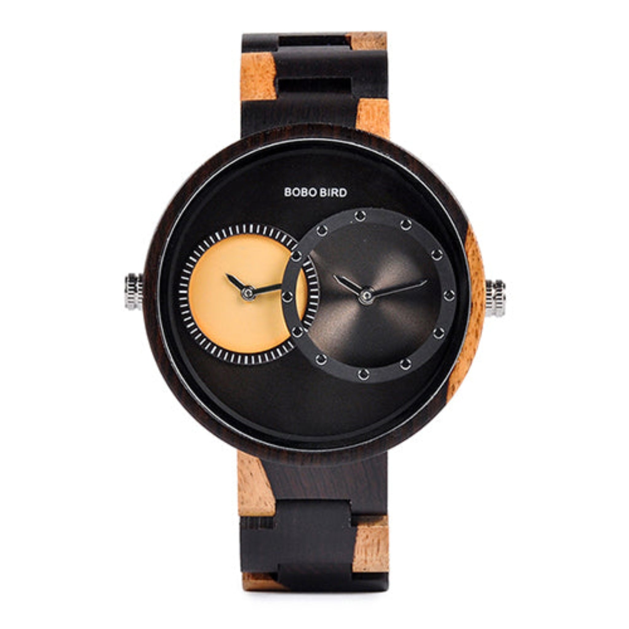 Wooden watch with black and gold face on a white background