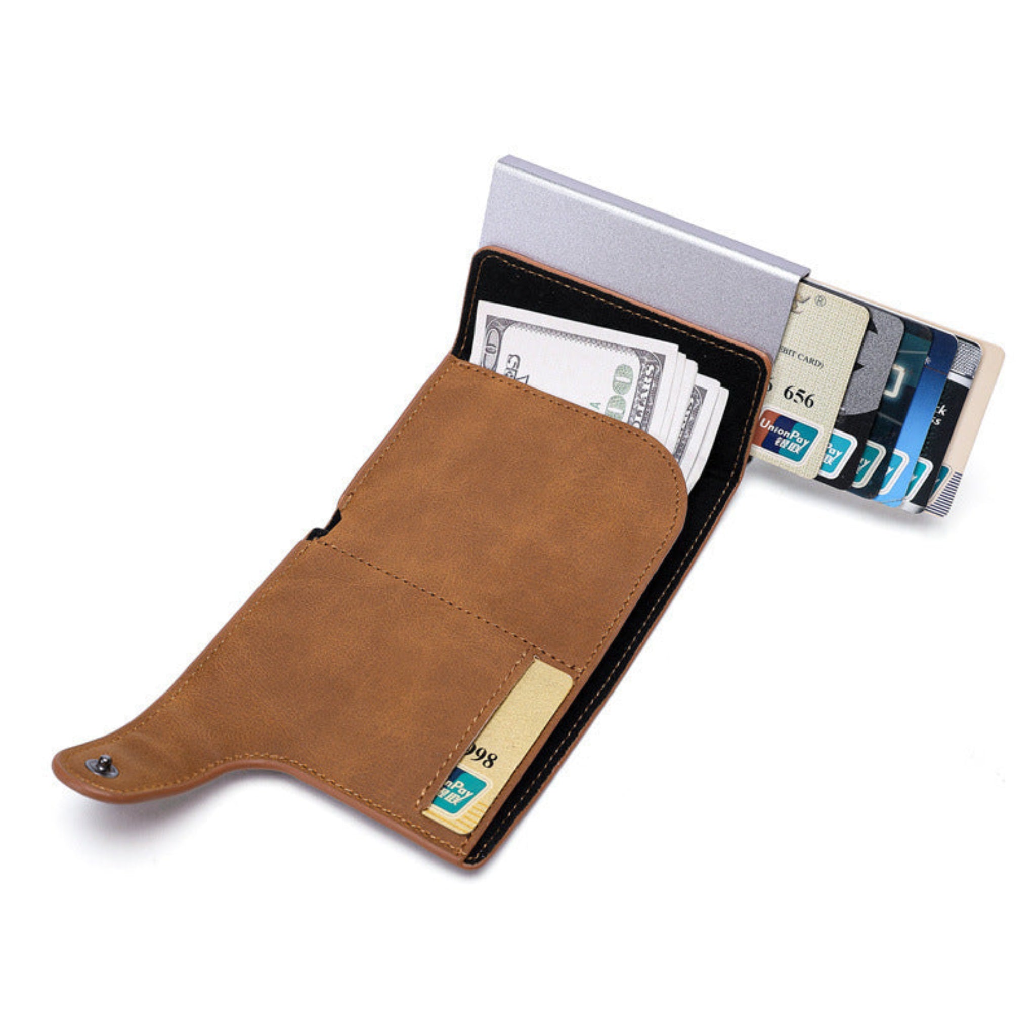 Brown leather wallet with money and cards on a white background