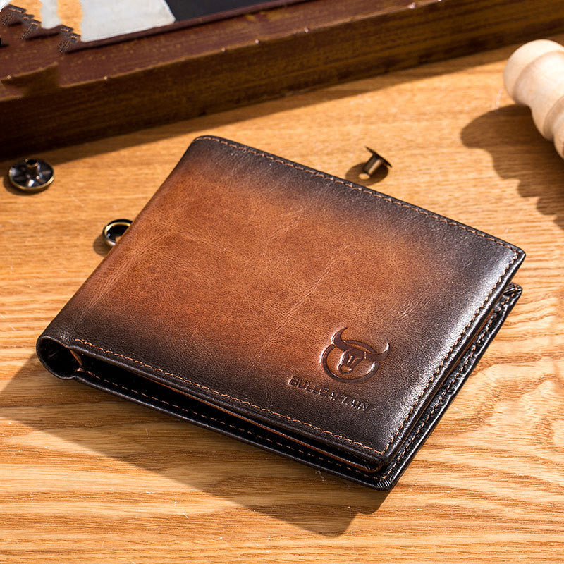 Tan genuine leather walled in closed position on table