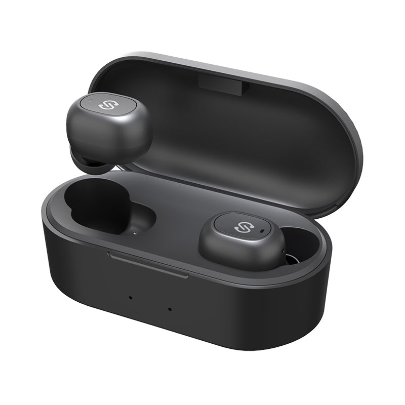 Black wireless earbuds open showing 1 earbud out of the case