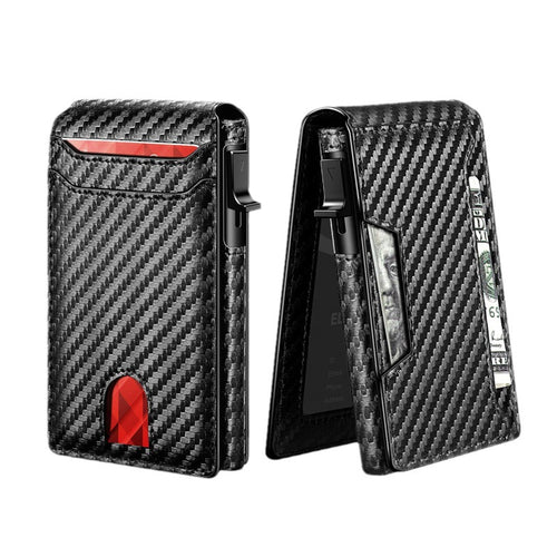Carbon fiber patterned vape device with red accents on a white background
