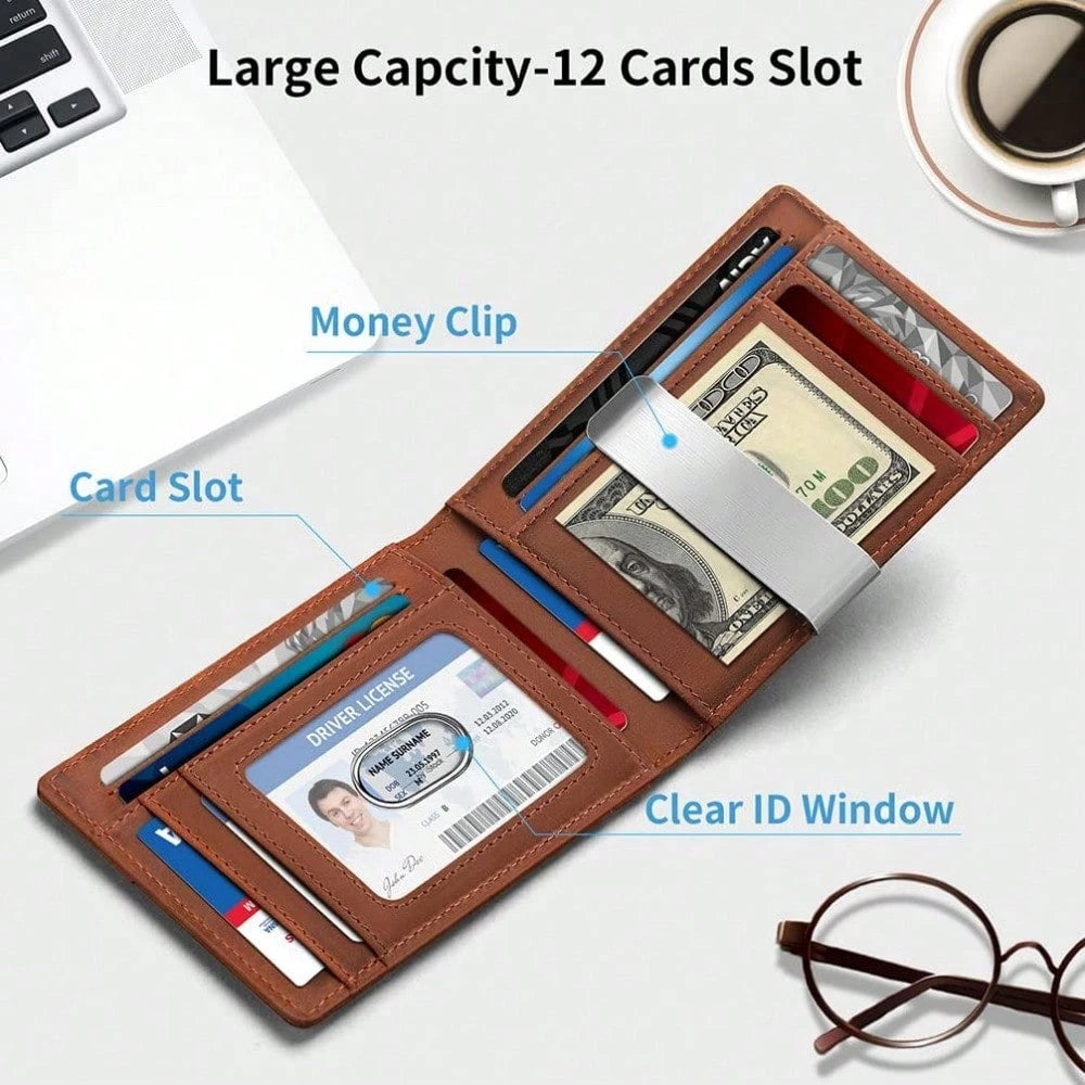 Brown wallet with card slots, money clip, and clear ID window on a white surface.