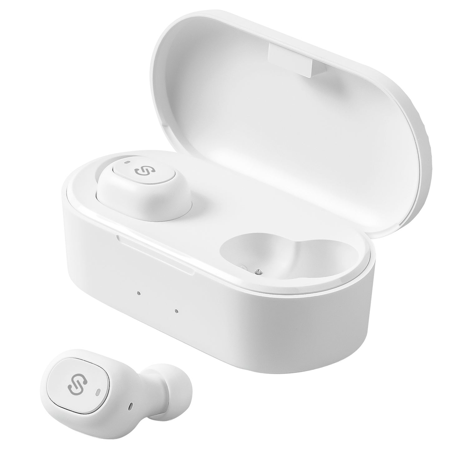 white wireless earbuds with open case showing one earbud outside of case and one earbud inside case