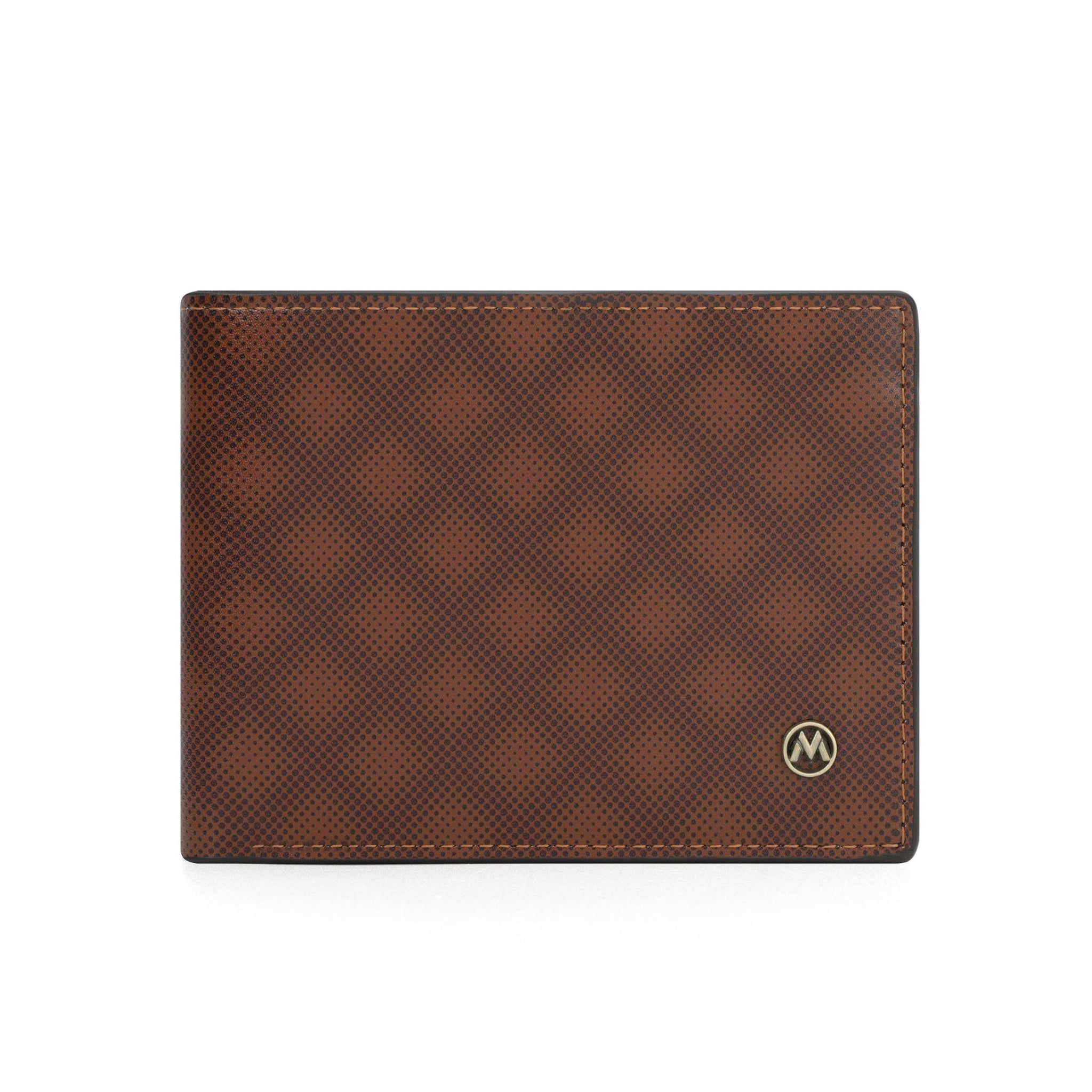 Brown textured wallet with a brand logo on a white background