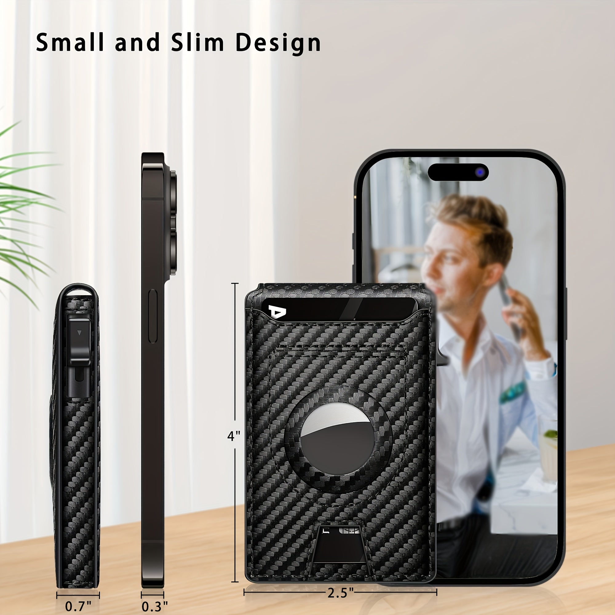 Black phone case with carbon fiber texture, displayed on a phone and with dimensions shown.