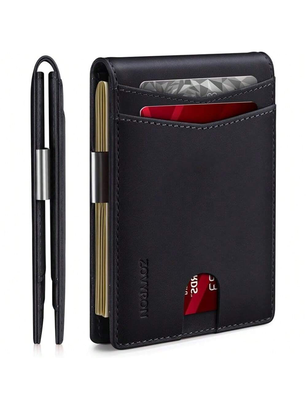 Black leather wallet with card slots and a pen on a white background