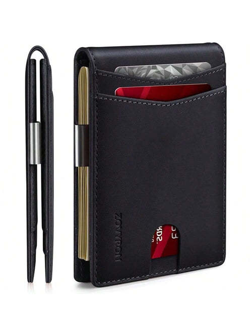 Black leather wallet with card slots and a pen on a white background