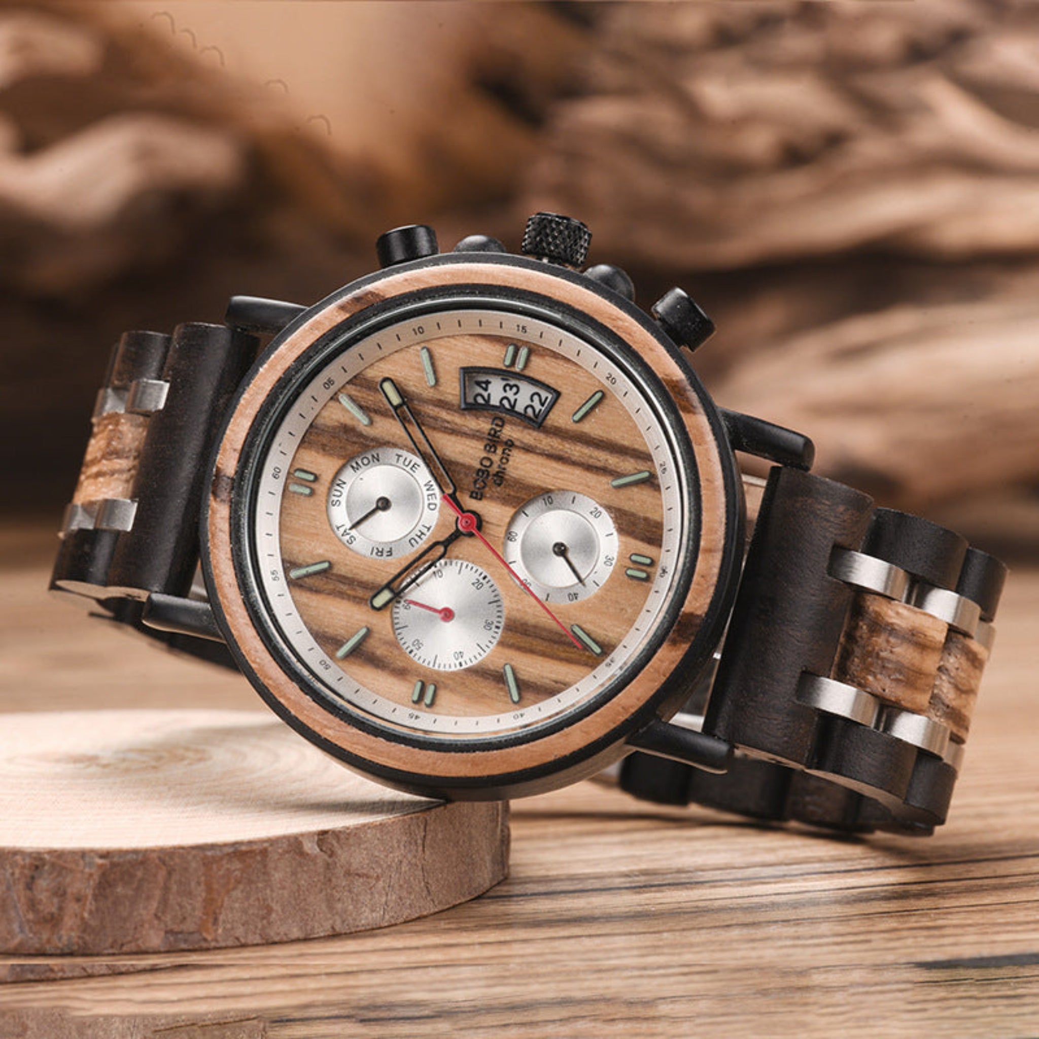 Wooden wristwatch with detailed face on a wooden surface