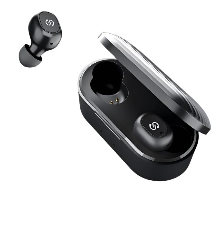 black wireless earbuds out of case showing case open and one earbud inside