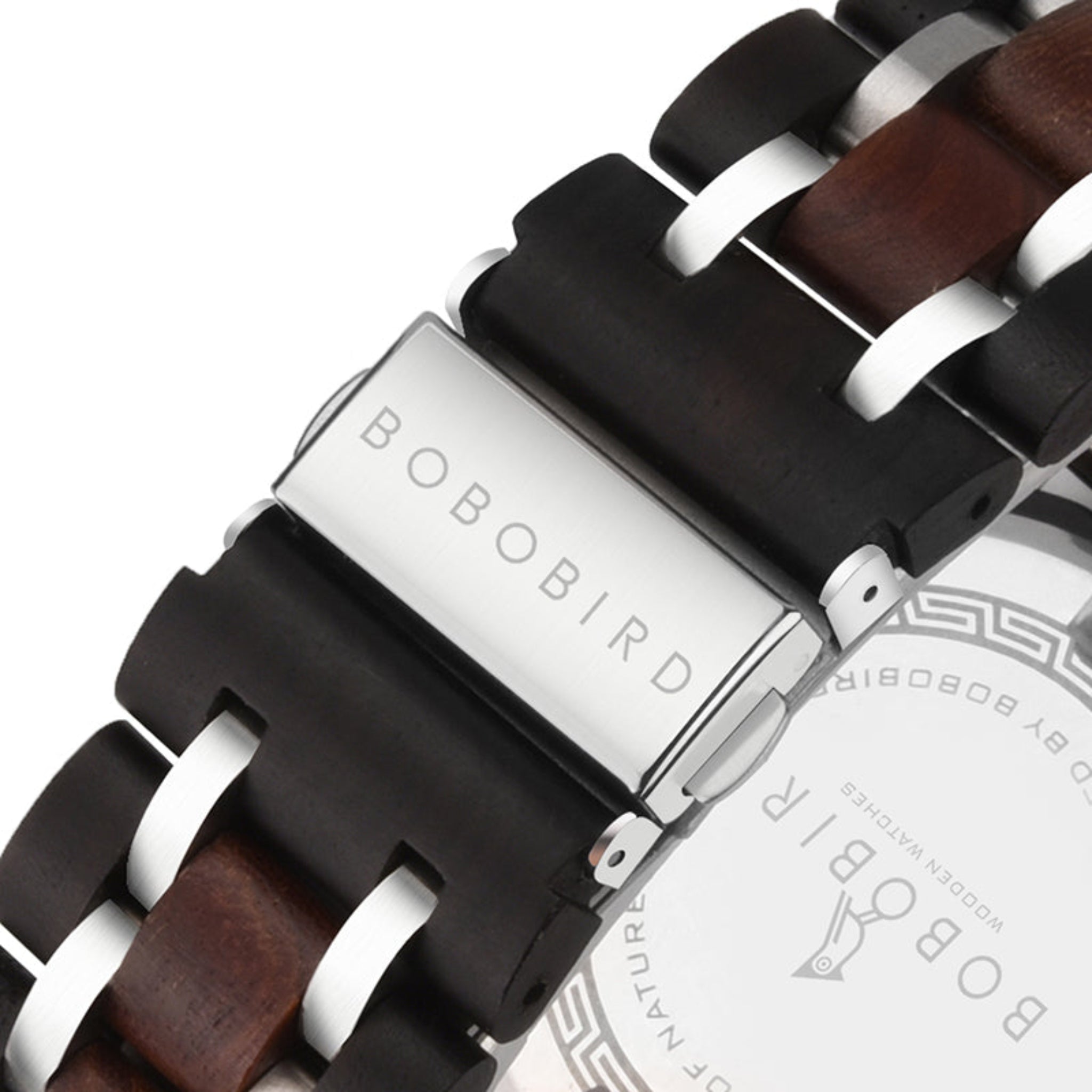 Close-up of a watch with a brown and black strap and visible 'BOBOBIRD' branding.