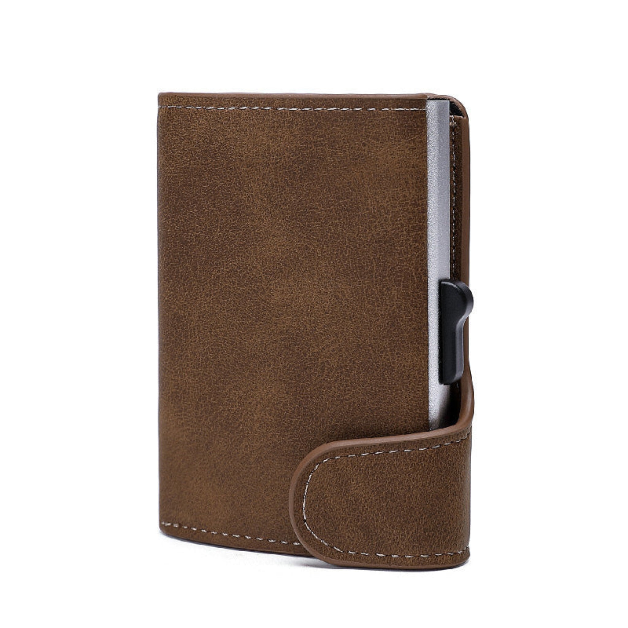 Brown leather wallet with a card holder on a white background