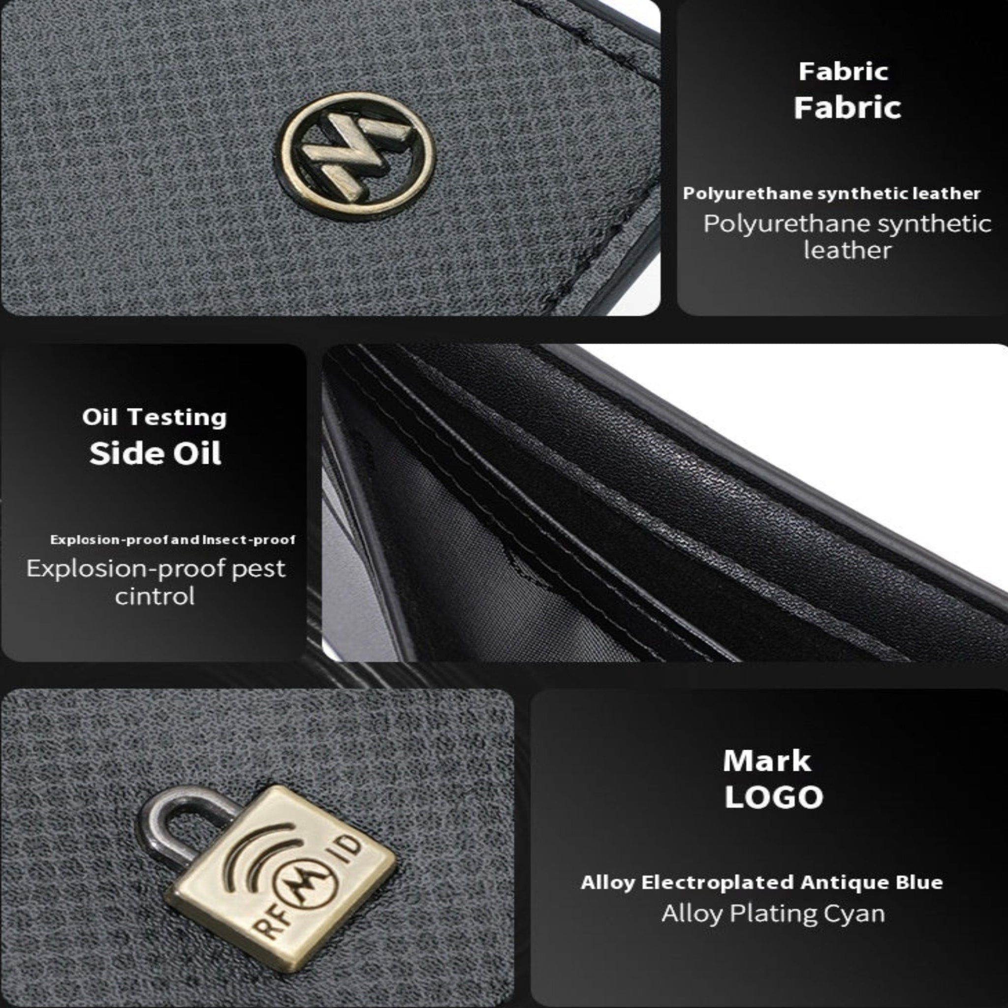 Textured fabric surface with a logo and product details on a black background