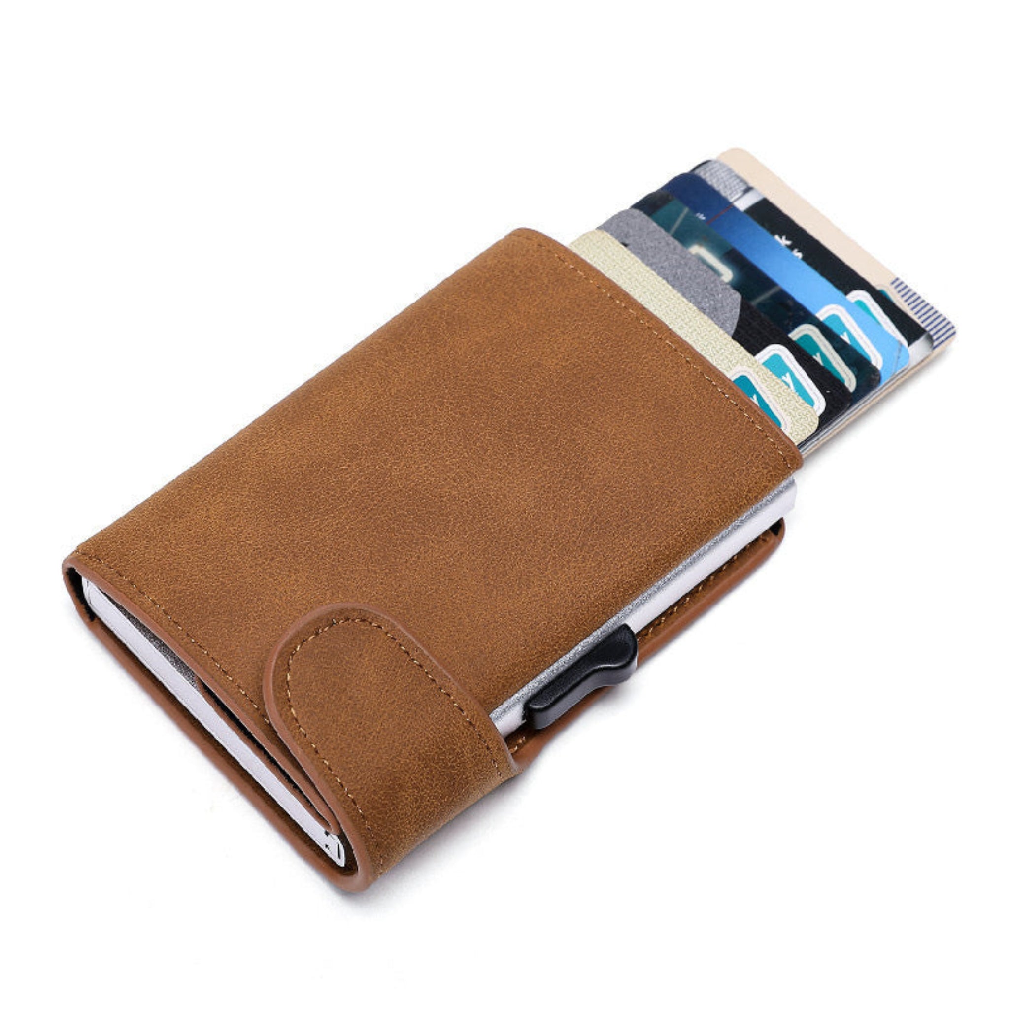 Brown cardholder with cards on a white background