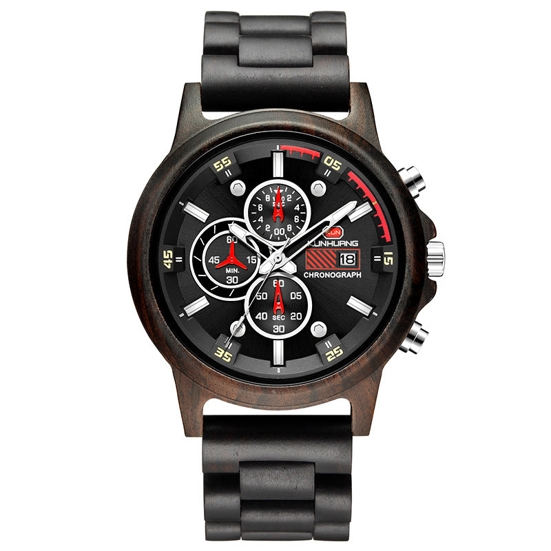 Black wristwatch with detailed face on a white background