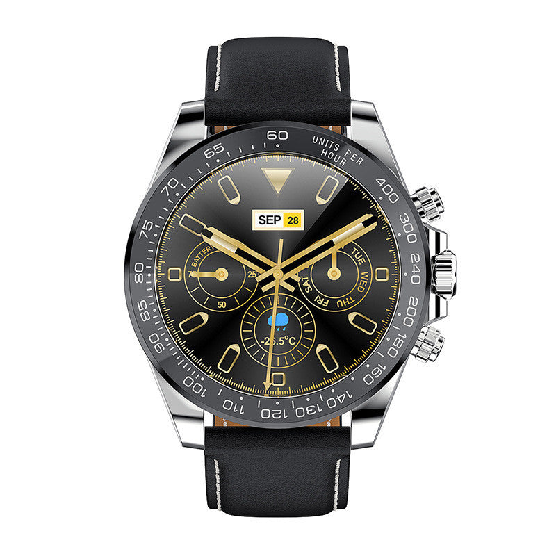 Dial view of black LV89 Smart watch with black leather band