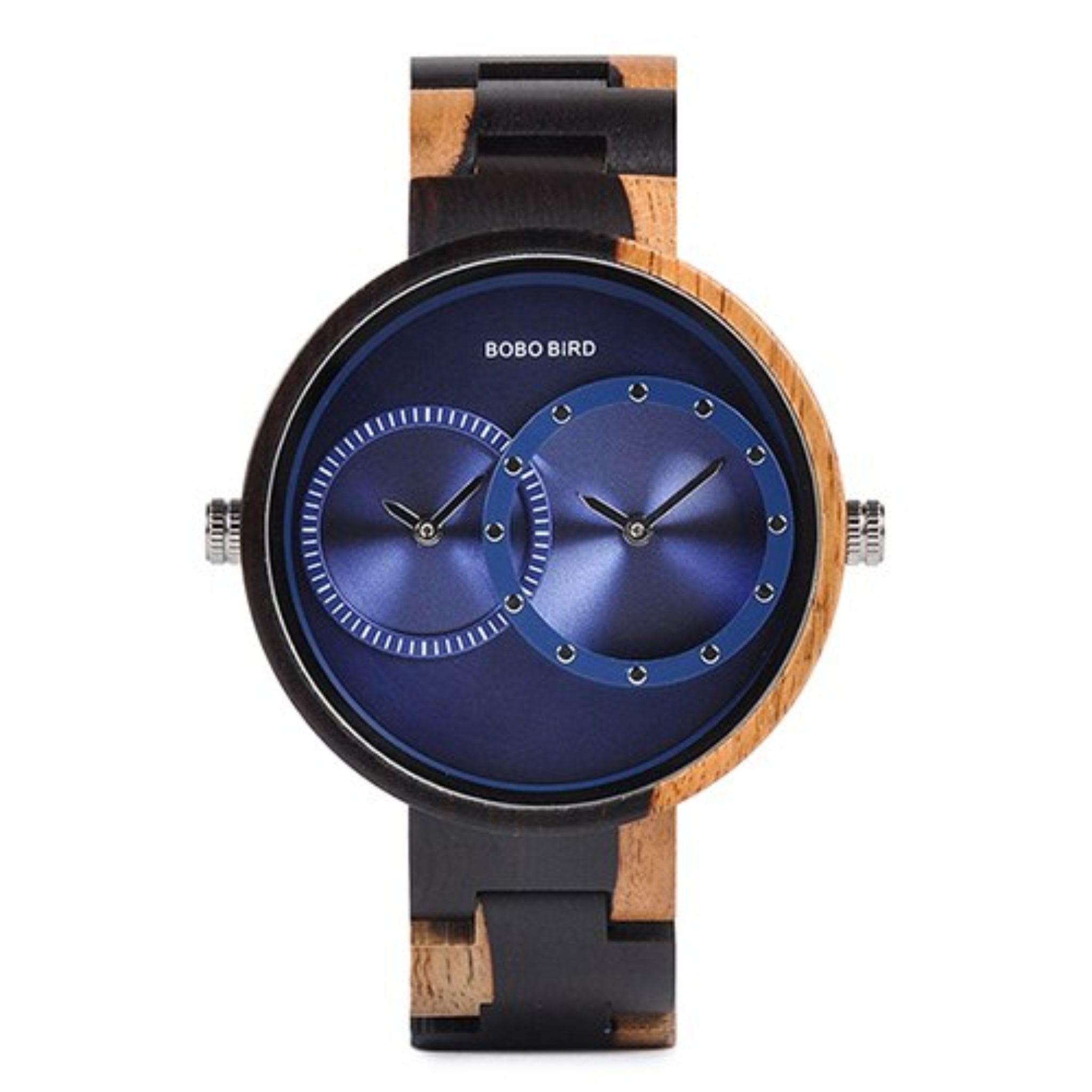 Wooden watch with blue face and wooden strap on a white background