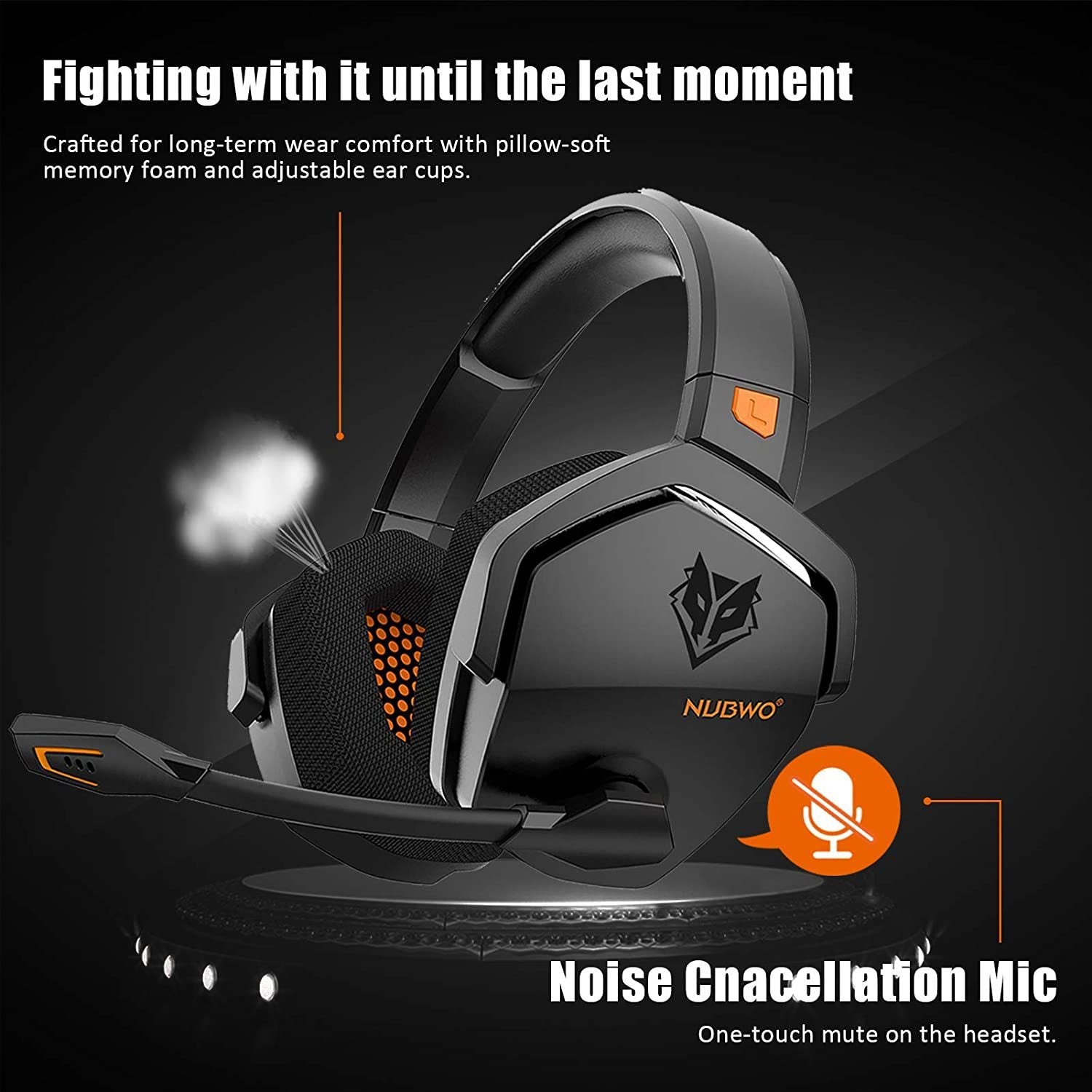 JQ692 Wireless Gaming Headset graphic showing softness of ear pads and the noise cancelling mic