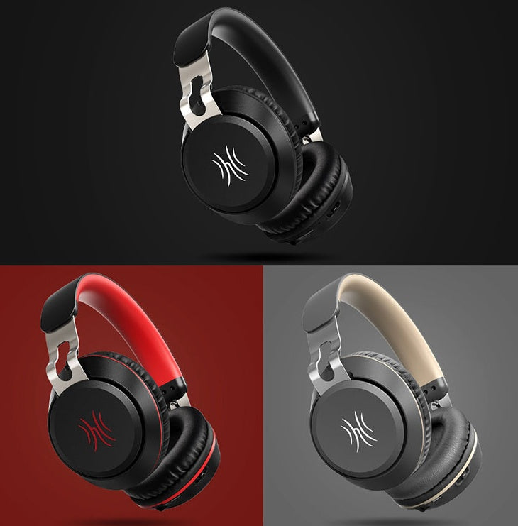 collage of MX52 Bluetooth headphones showing the black gray and red options