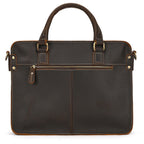 Brown leather briefcase with gold accents on a white background