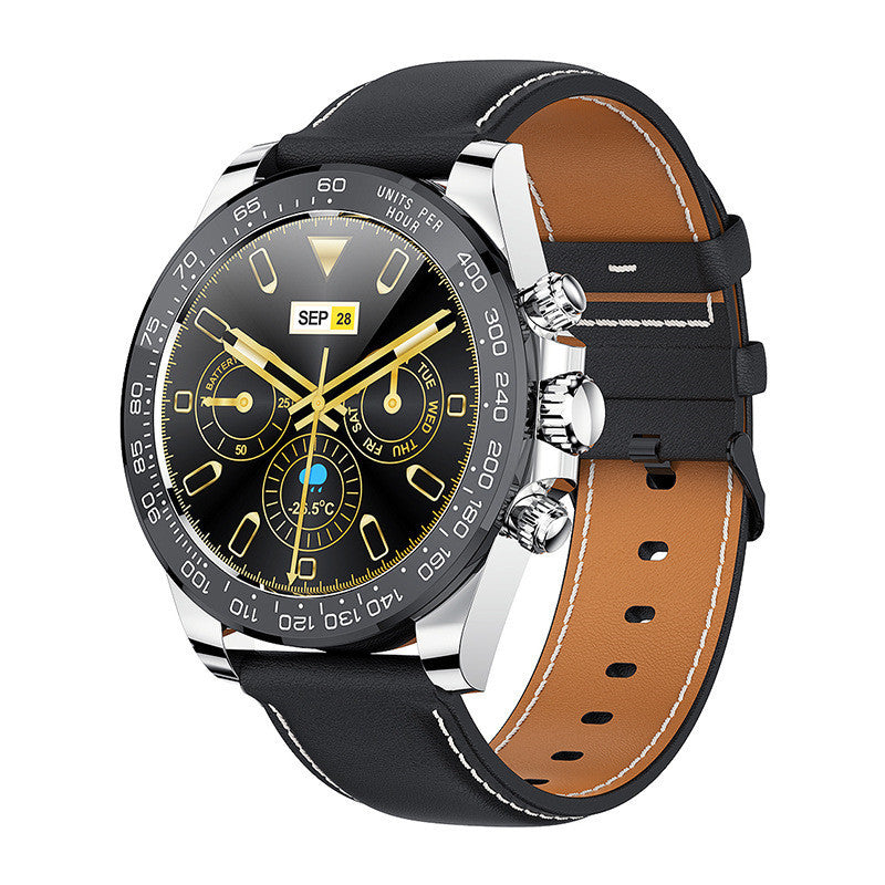 LV89 Smart watch with round black dial and black leather band 