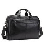 Black leather briefcase with multiple zippers on a white background