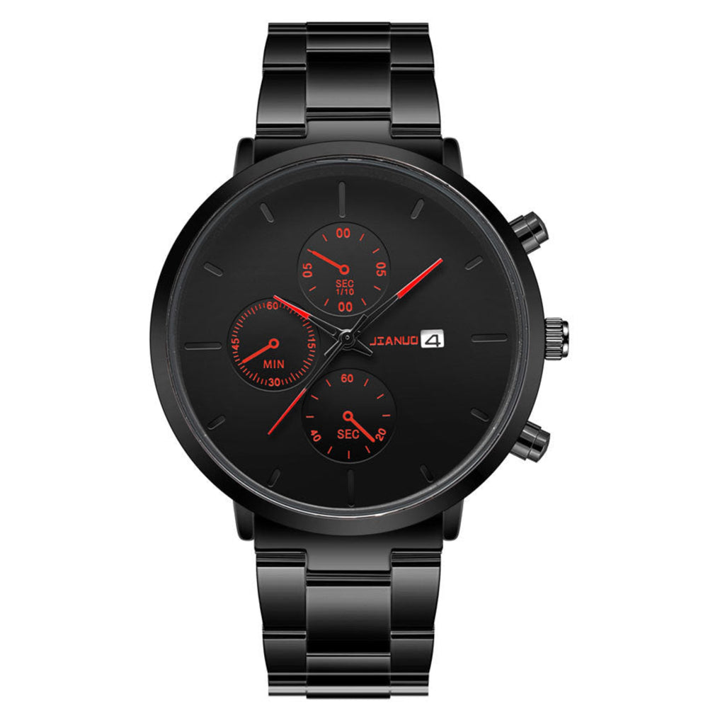 Black steel watch with red accents on a white background