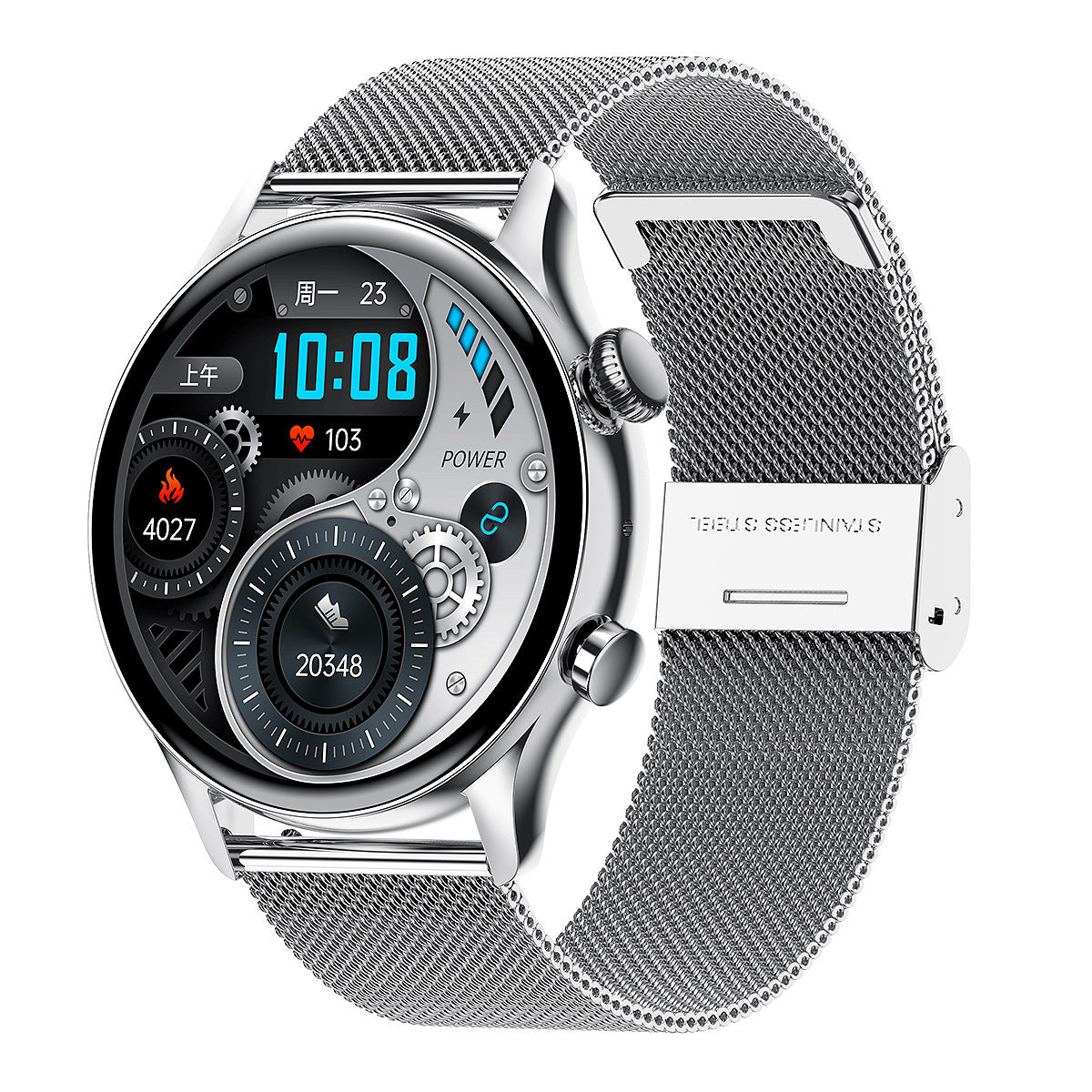 MX52 Smart Watch with round dial and stainless steel mesh band