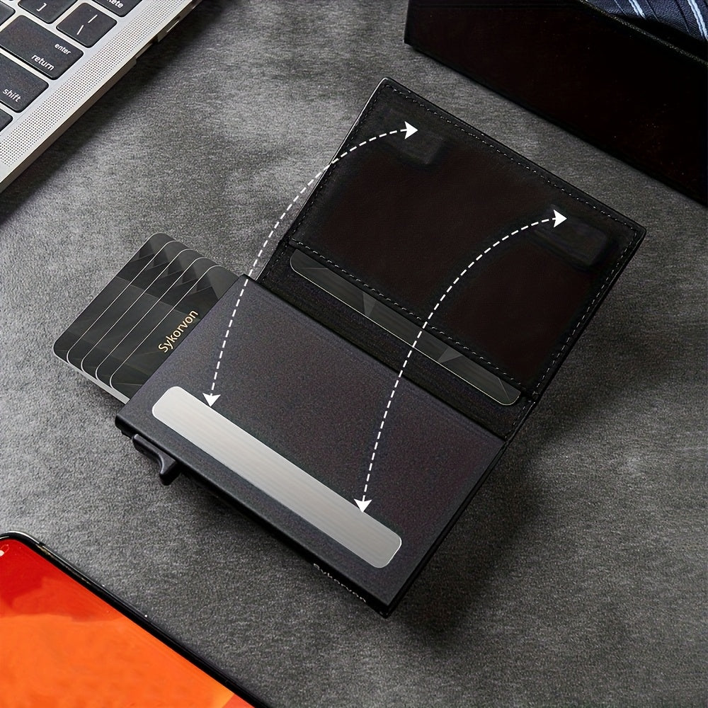 Black cardholder with cards on a gray surface