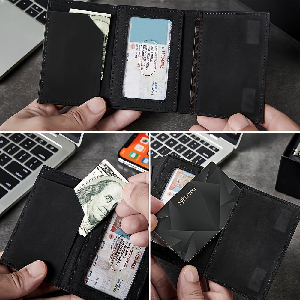 Black wallet with card slots and money pocket held by a hand on a desk with laptop and phone.