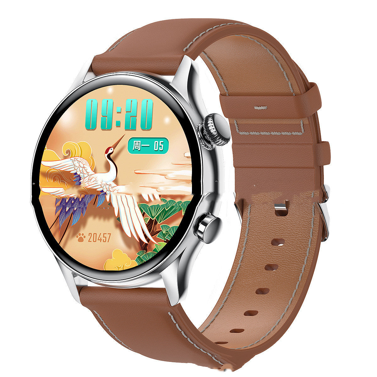 MX52 Smart Watch with round dial and brown leather band