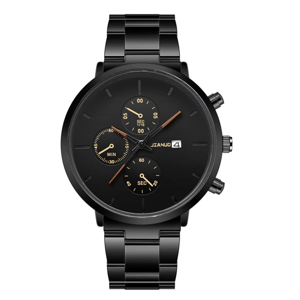 Black steel watch with gold accents on a white background