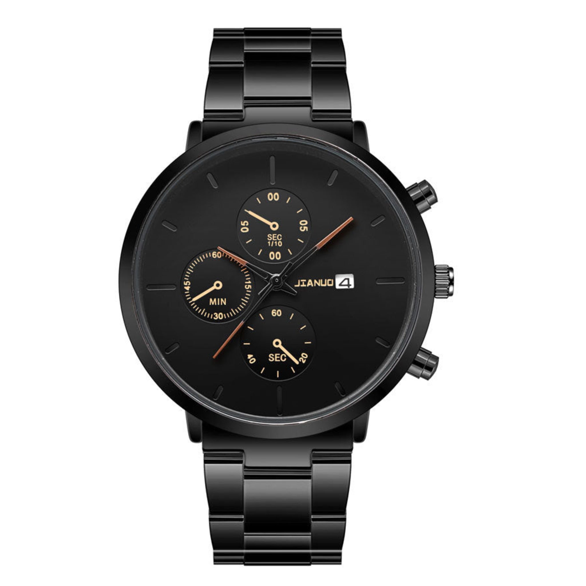 Black steel watch with gold accents on a white background