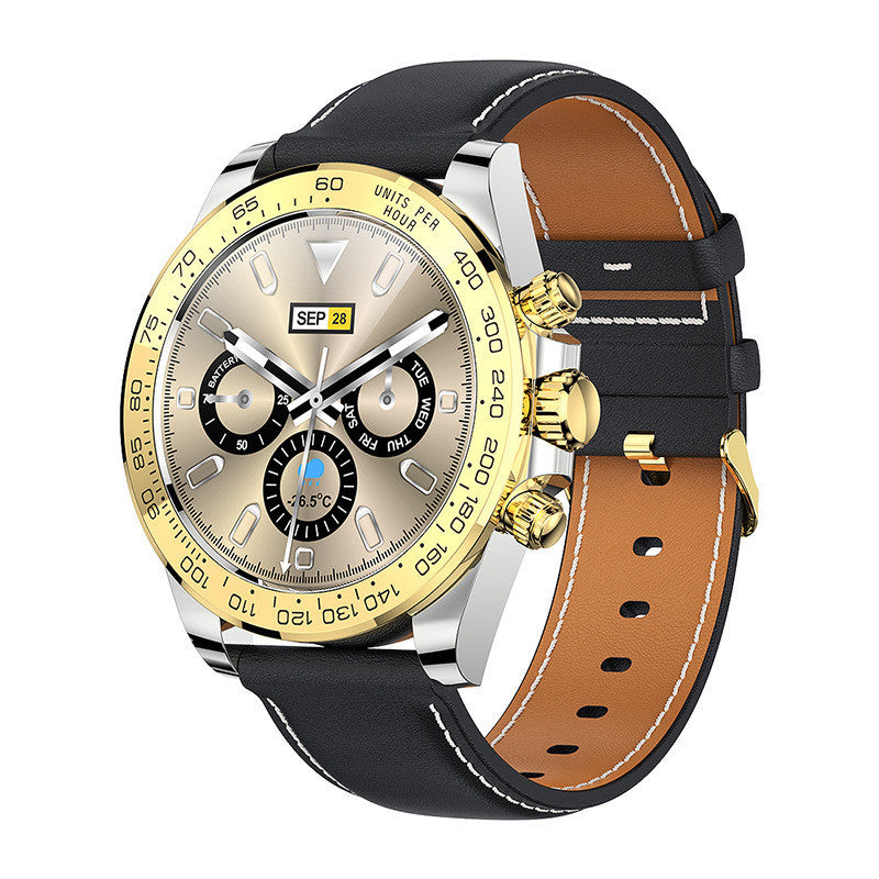 LV89 Smart watch with round gold dial and black leather band 