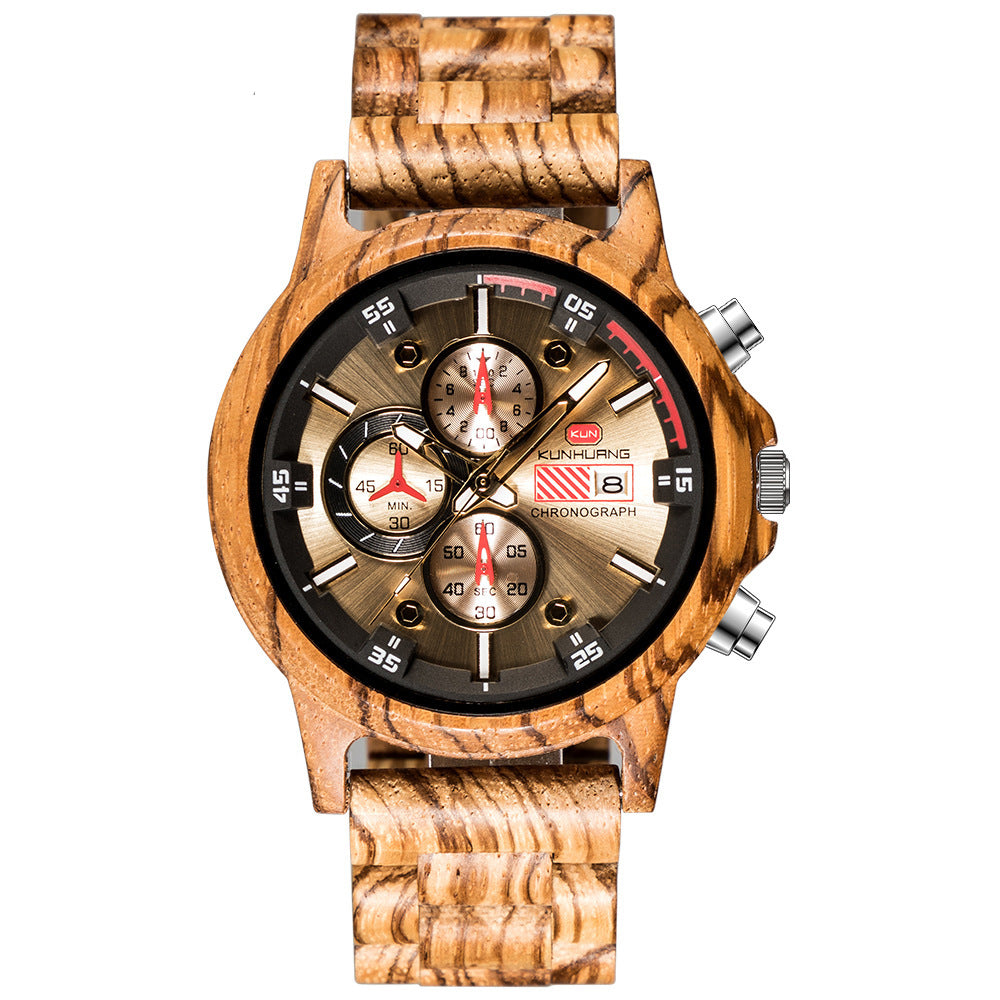 Wooden wristwatch with detailed face on a white background